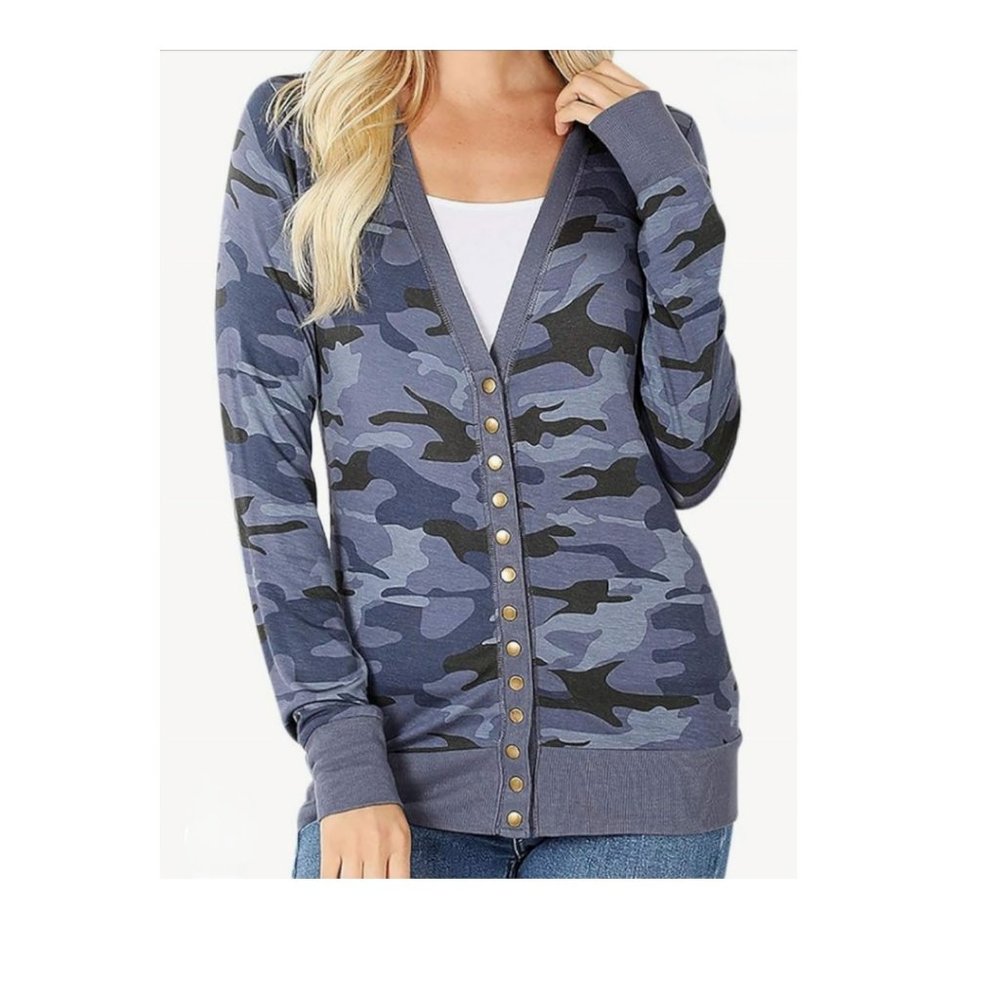 Zenana Womens Camouflage Snap Button Cardigan